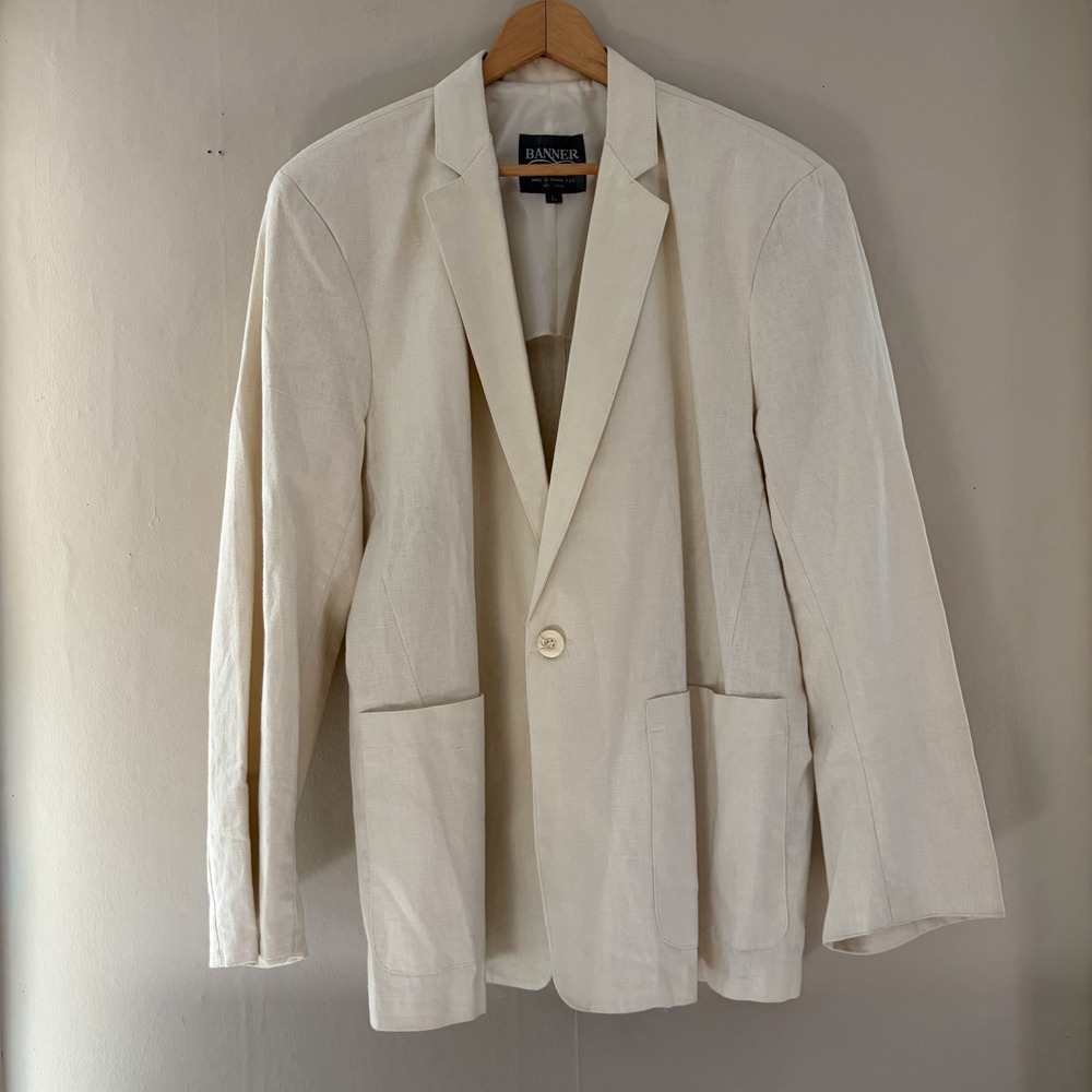 VTG Banner Womens Linen Blend Blazer Size L Ivory Academia Old Money Office